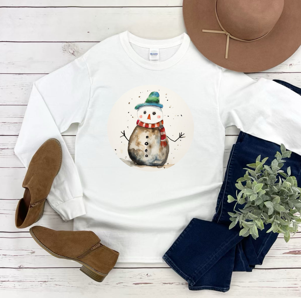 Watercolor Snowman Graphic Tee Long Sleeve Unisex T Shirt