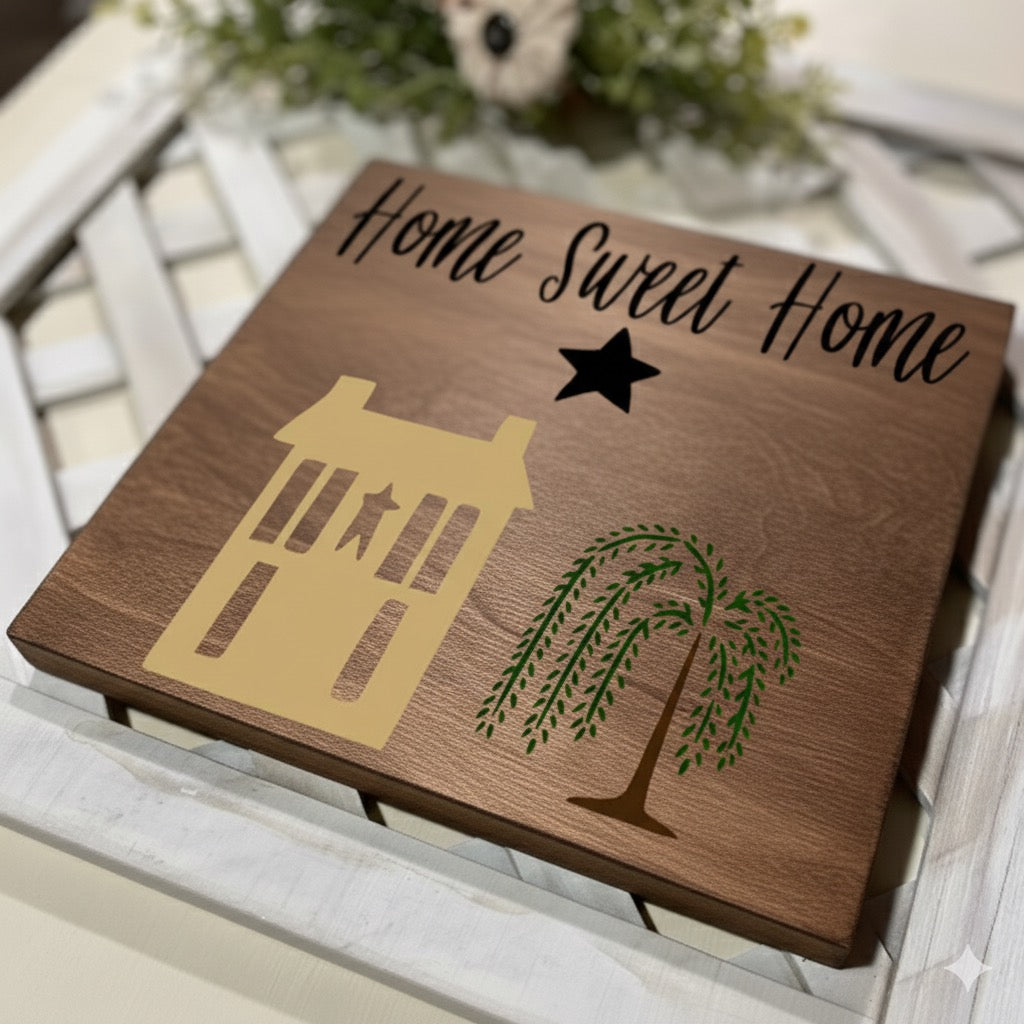 Home Sweet Home - Primitive Country Wood Plaque Sign 8” x 8”