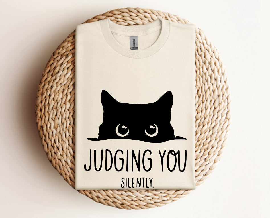 Judging You Silently Peeking Cat - Graphic Tee Short Sleeve Unisex T Shirt